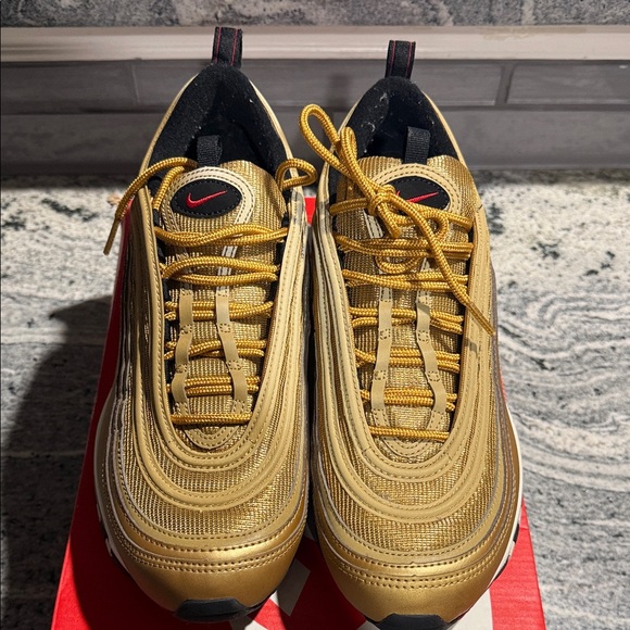Nike Air Max 97 “Metallic Gold” Gold and White Sneakers with Red Accents